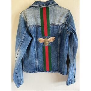 Tiana NY 3D Bee Red/Gold Beaded Stripe Denim Jean Jacket Pockets Large NEW NWT